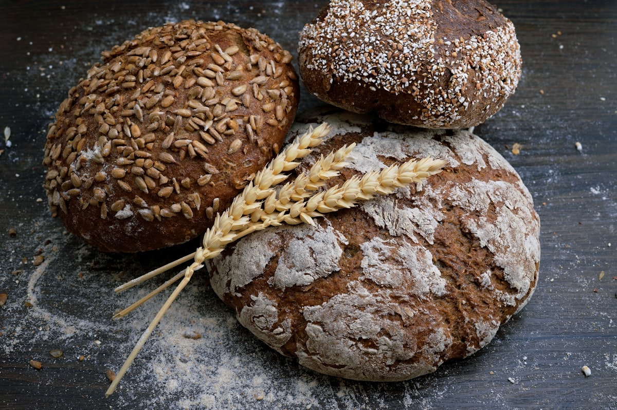 Artisan whole grain bread loaves fresh from oven