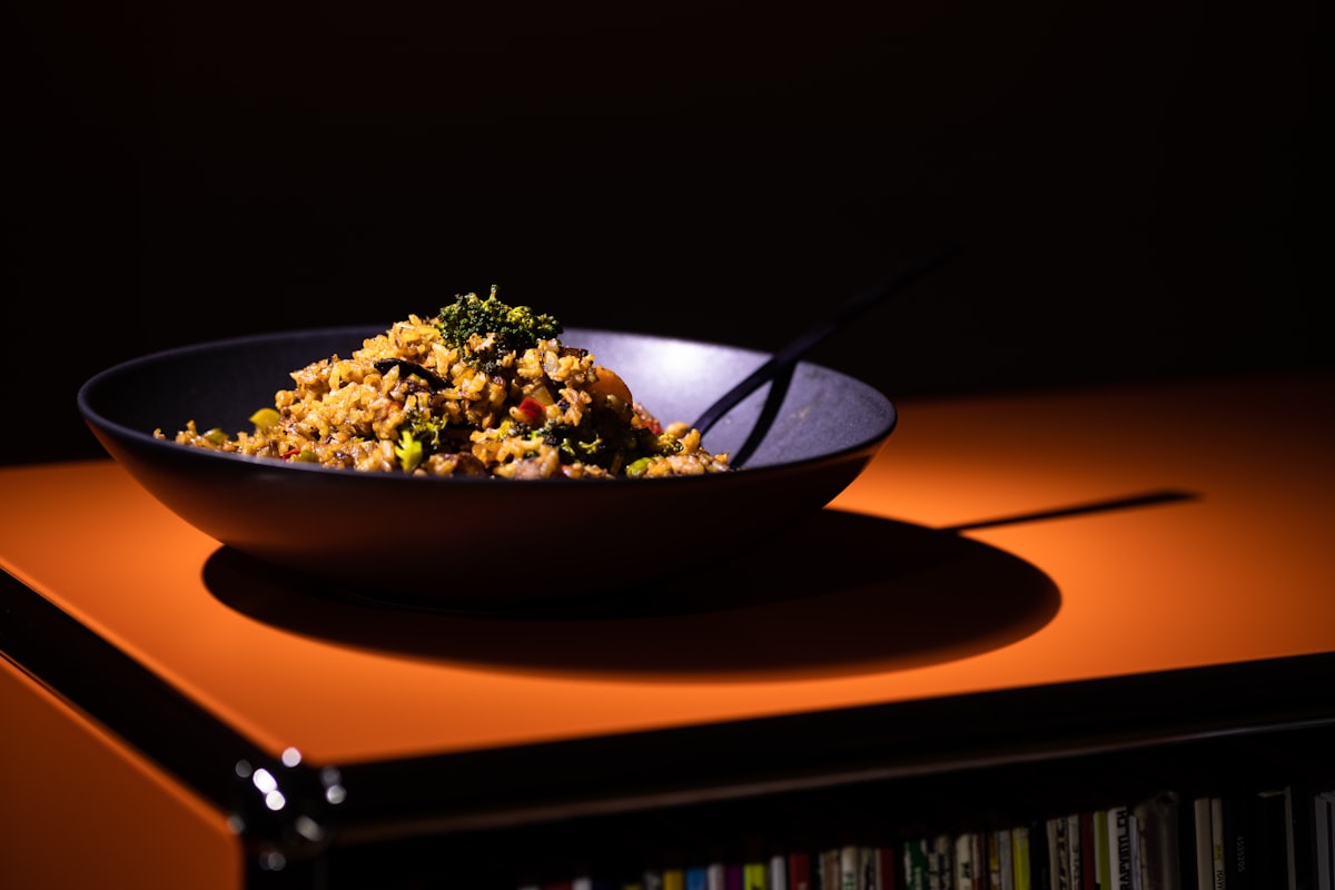 Colorful quinoa bowl with roasted vegetables and tahini dressing